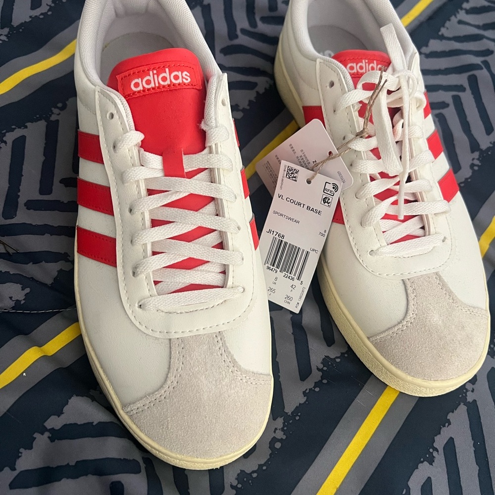 adidas White and Red VL Court Base Sneakers